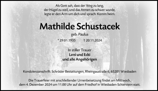 Traueranzeige von Mathilde Schustacek von Wiesbadener Kurier