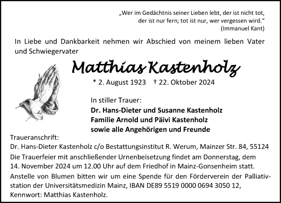 Traueranzeige von Matthias Kastenholz von Allgemeine Zeitung Mainz