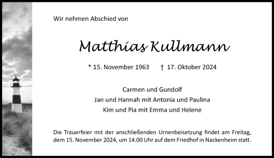 Traueranzeige von Matthias Kullmann von Allgemeine Zeitung Mainz