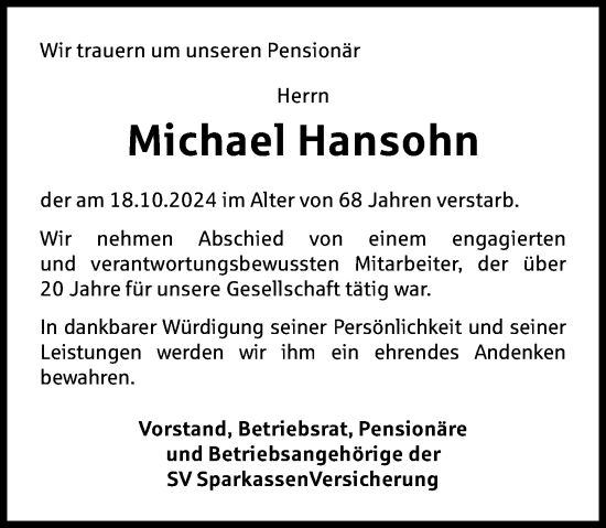 Traueranzeige von Michael Hansohn von Wiesbadener Kurier