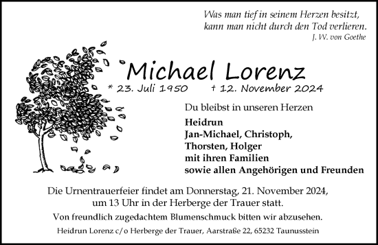 Traueranzeige von Michael Lorenz von Wiesbadener Kurier