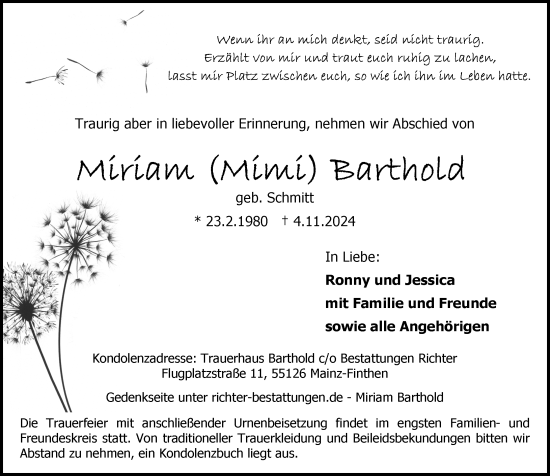 Traueranzeige von Miriam Barthold von Allgemeine Zeitung Mainz