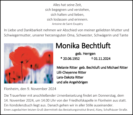 Traueranzeige von Monika Bechtluft von Allgemeine Zeitung Alzey