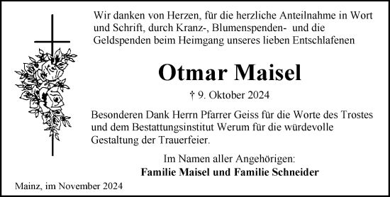 Traueranzeige von Otmar Maisel von Allgemeine Zeitung Mainz