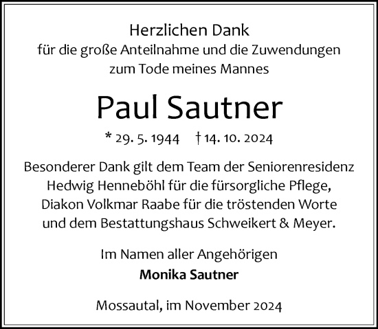 Traueranzeige von Paul Sautner von Odenwälder Echo