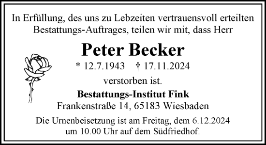 Traueranzeige von Peter Becker von Wiesbadener Kurier