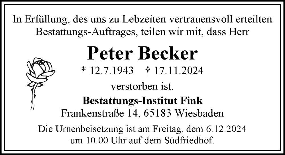  Traueranzeige für Peter Becker vom 23.11.2024 aus Wiesbadener Kurier