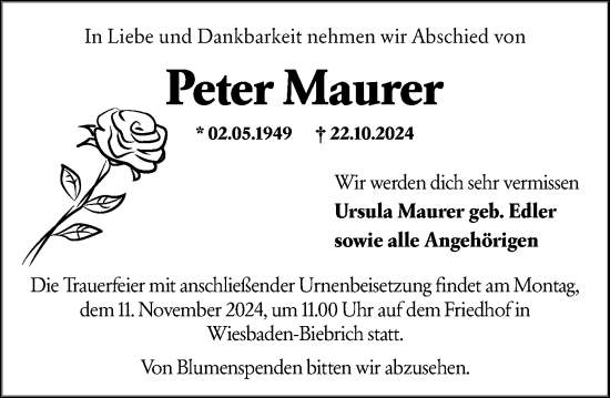 Traueranzeige von Peter Maurer von Wiesbadener Kurier