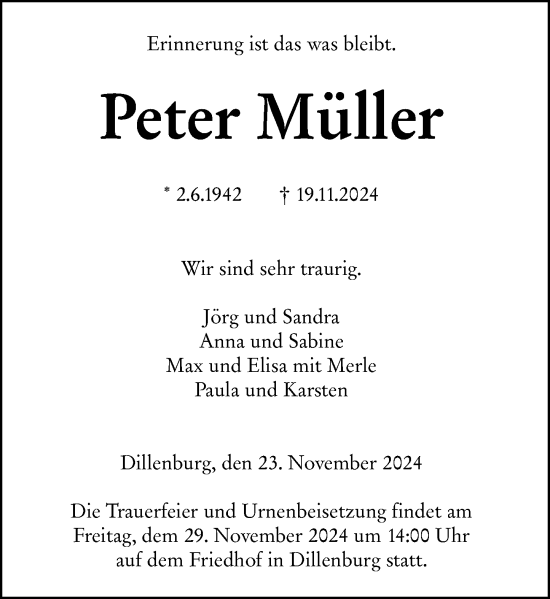 Traueranzeige von Peter Müller von Dill Block