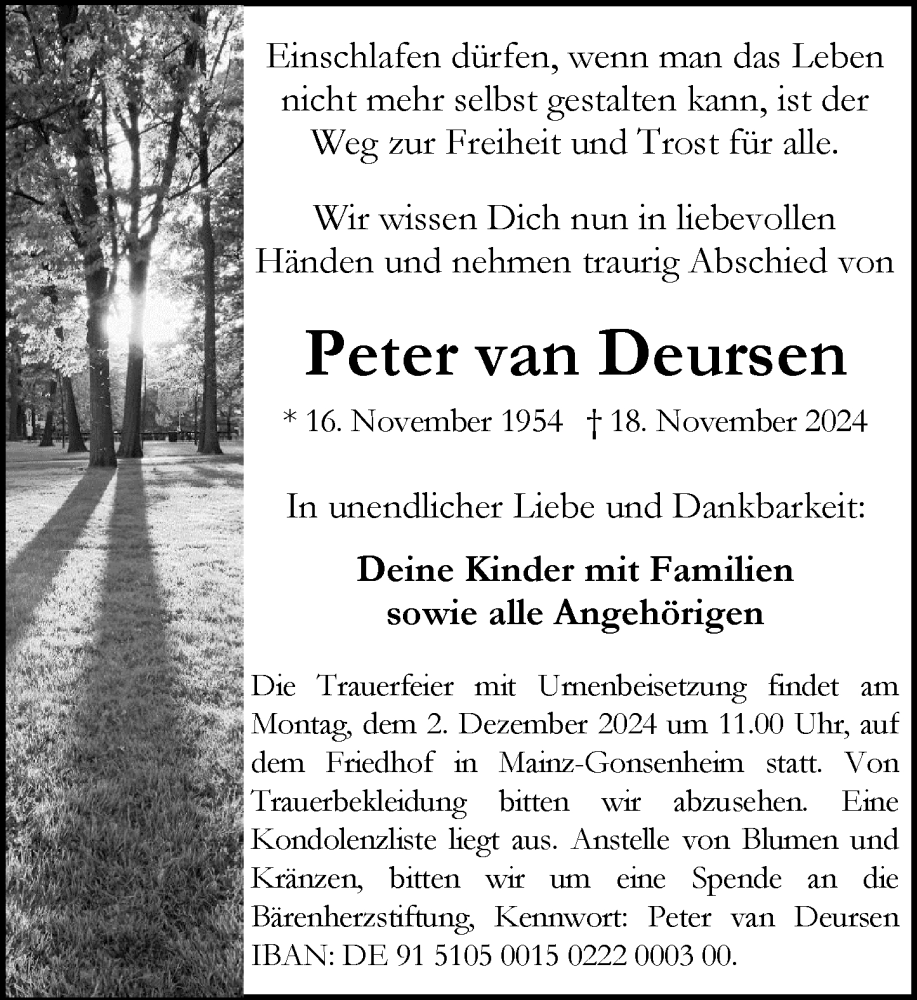  Traueranzeige für Peter van Deursen vom 23.11.2024 aus Allgemeine Zeitung Rheinhessen-Nahe