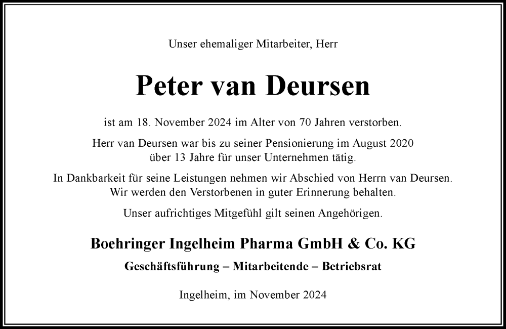  Traueranzeige für Peter van Deursen vom 27.11.2024 aus Allgemeine Zeitung Rheinhessen-Nahe