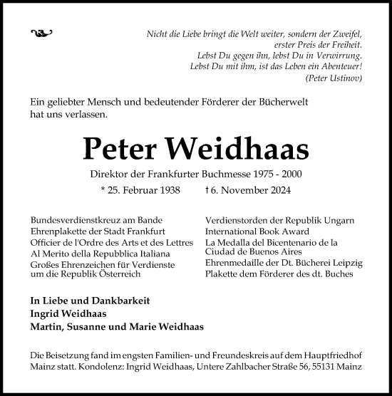 Traueranzeige von Peter Weidhaas von Allgemeine Zeitung Mainz