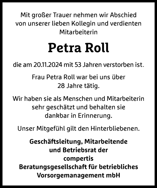 Traueranzeige von Petra Roll von Allgemeine Zeitung Mainz