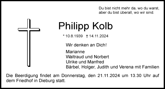 Traueranzeige von Philipp Kolb von Dieburger Anzeiger/Groß-Zimmerner Lokal-Anzeiger