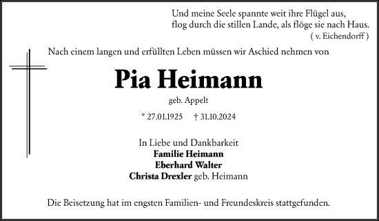 Traueranzeige von Pia Heimann von Wiesbadener Kurier