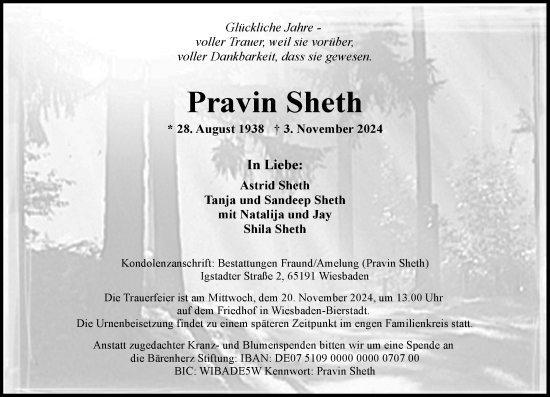 Traueranzeige von Pravin Sheth von Wiesbadener Kurier