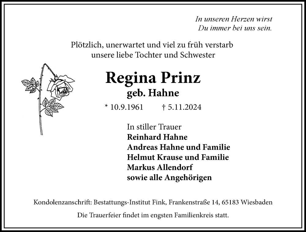  Traueranzeige für Regina Prinz vom 16.11.2024 aus Wiesbadener Kurier