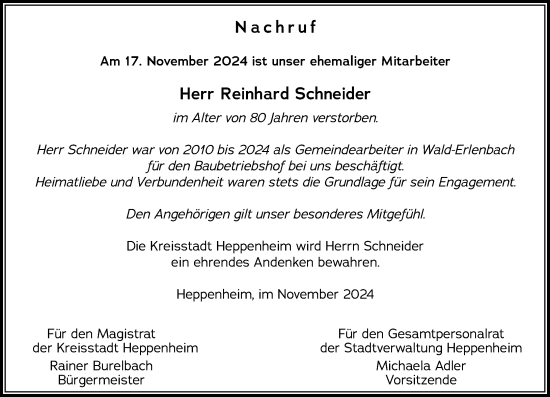 Traueranzeige von Reinhard Schneider von Starkenburger Echo