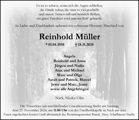 Traueranzeige von Reinhold Müller von Allgemeine Zeitung Alzey