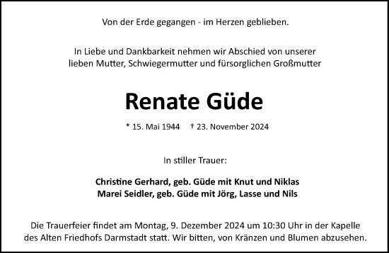 Traueranzeige von Renate Güde von Darmstädter Echo