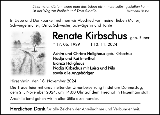 Traueranzeige von Renate Kirbschus von Dill Block