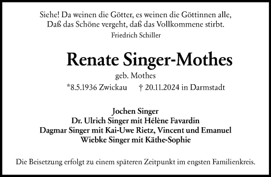 Traueranzeige von Renate Singer-Mothes von Darmstädter Echo