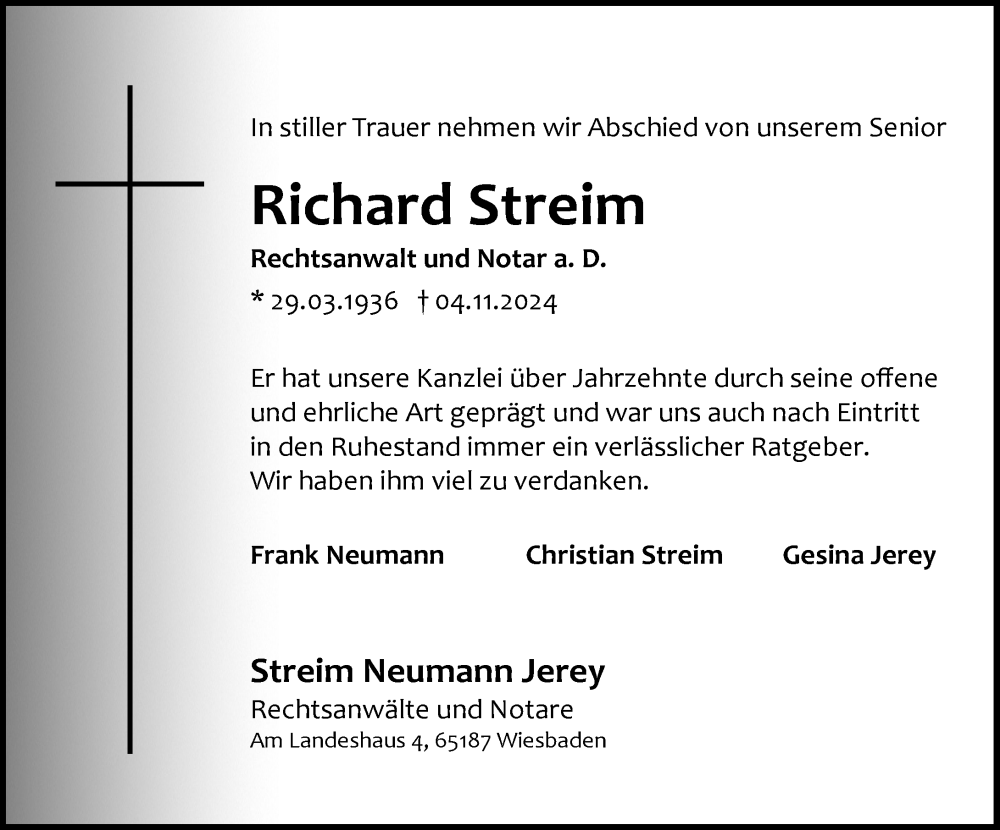  Traueranzeige für Richard Streim vom 09.11.2024 aus Wiesbadener Kurier