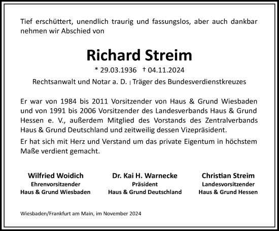 Traueranzeige von Richard Streim von Wiesbadener Kurier