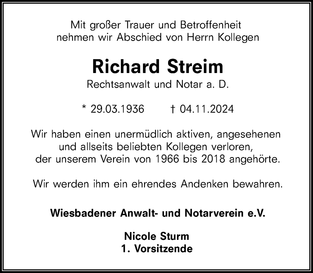  Traueranzeige für Richard Streim vom 09.11.2024 aus Wiesbadener Kurier