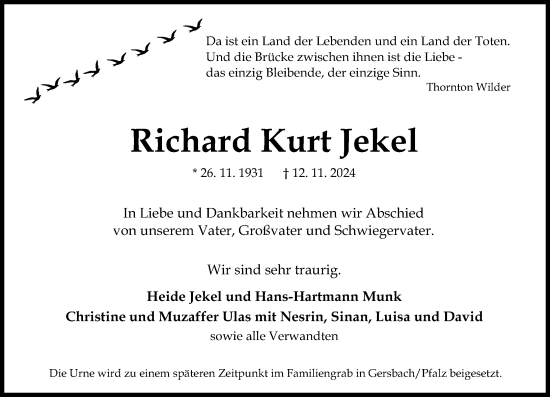 Traueranzeige von Richard Kurt Jekel von Allgemeine Zeitung Mainz