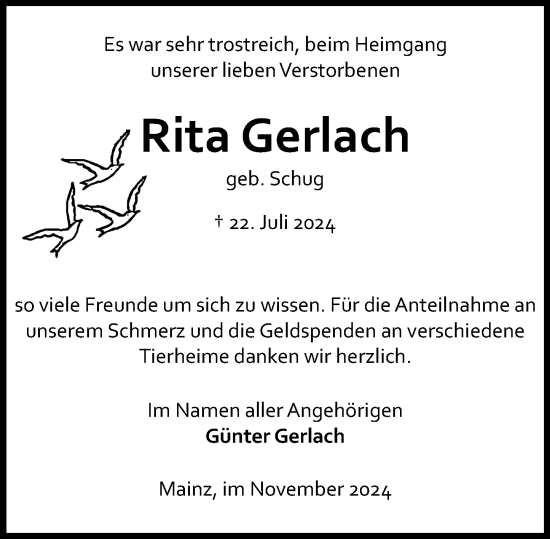 Traueranzeige von Rita Gerlach von Allgemeine Zeitung Mainz