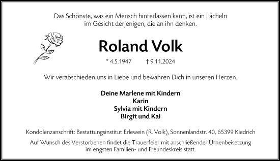 Traueranzeige von Roland Volk von Wiesbadener Kurier