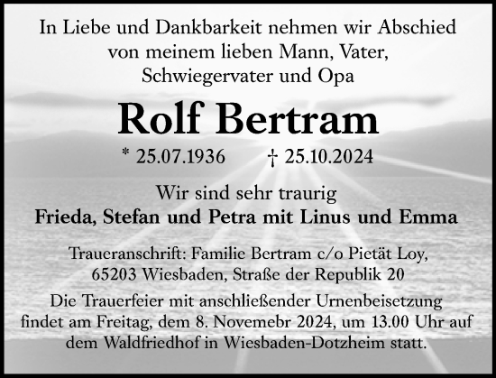 Traueranzeige von Rolf Bertram von Wiesbadener Kurier