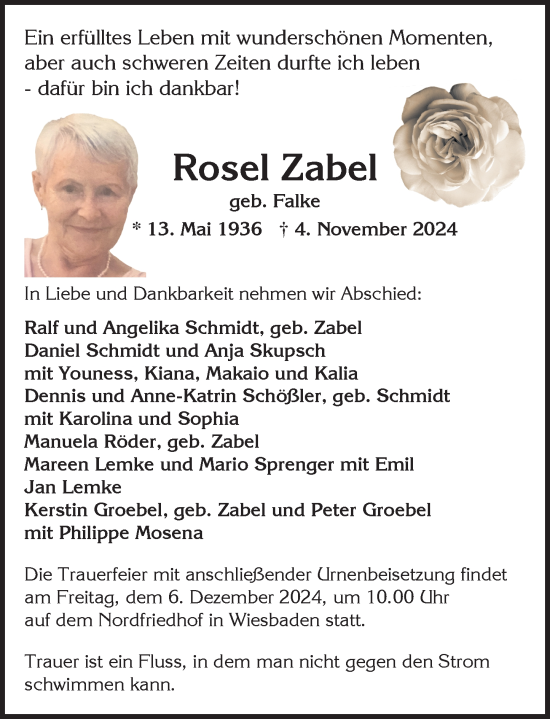 Traueranzeige von Rosel Zabel von Wiesbadener Kurier