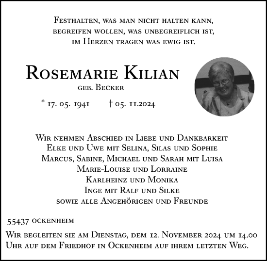 Traueranzeige von Rosemarie Kilian von Allgemeine Zeitung Rheinhessen-Nahe