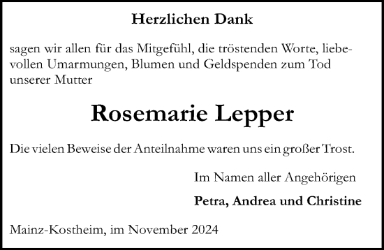 Traueranzeige von Rosemarie Lepper von Allgemeine Zeitung Mainz