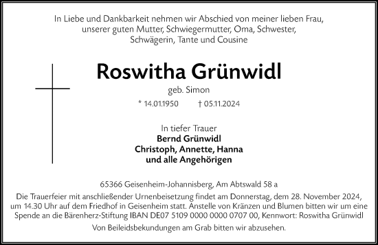 Traueranzeige von Roswitha Grünwidl von Rheingau Kurier