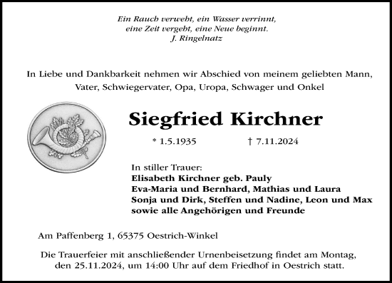 Traueranzeige von Siegfried Kirchner von Rheingau Kurier