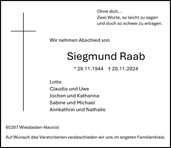 Traueranzeige von Siegmund Raab von Wiesbadener Kurier