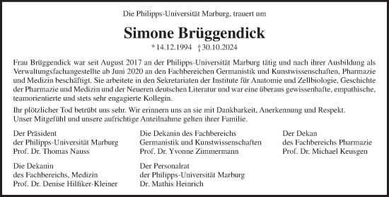 Traueranzeige von Simone Brüggendick von Dill Block