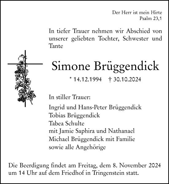 Traueranzeige von Simone Brüggendick von Dill Block