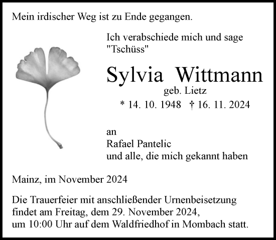 Traueranzeige von Sylvia Wittmann von Allgemeine Zeitung Mainz