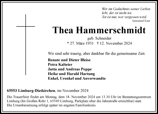 Traueranzeige von Thea Hammerschmidt von Nassauische Neue Presse