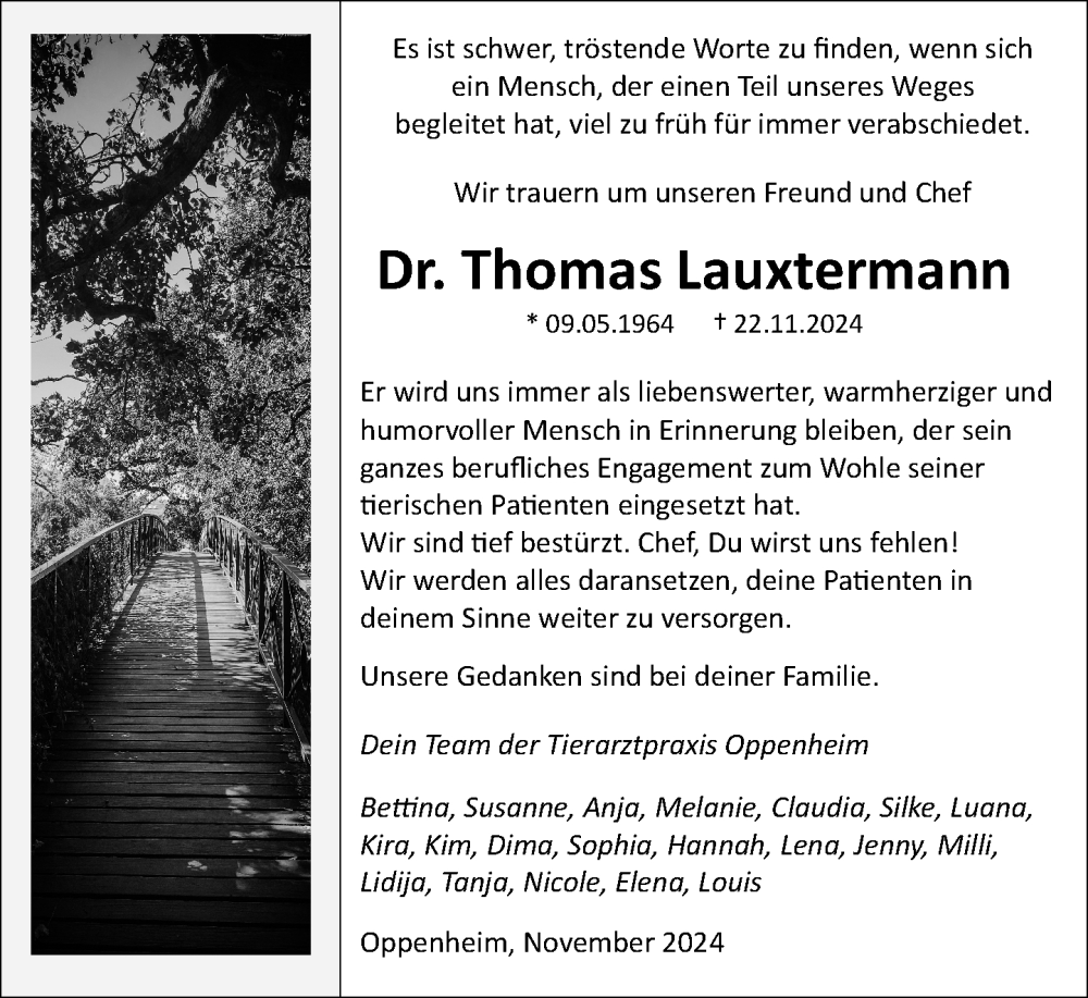  Traueranzeige für Thomas Lauxtermann vom 30.11.2024 aus Allgemeine Zeitung Mainz