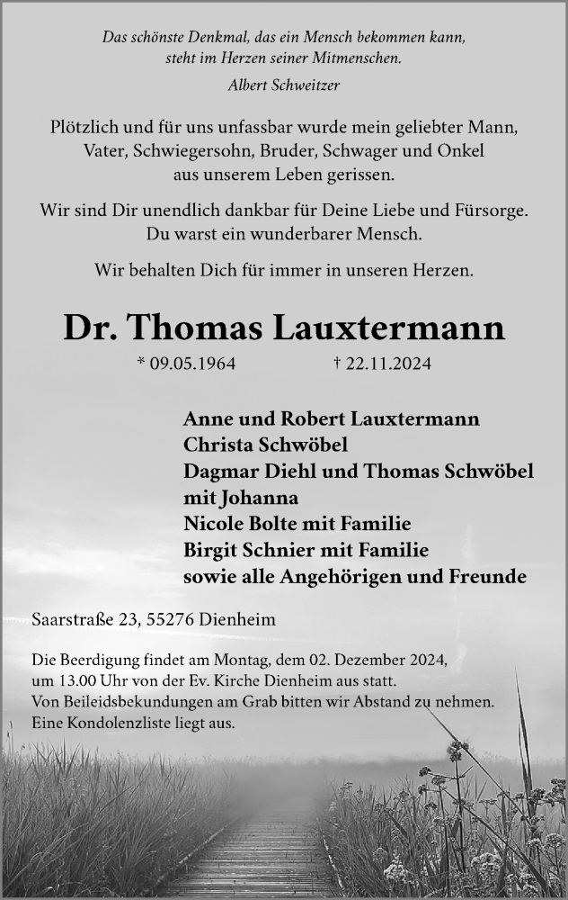  Traueranzeige für Thomas Lauxtermann vom 30.11.2024 aus Allgemeine Zeitung Mainz