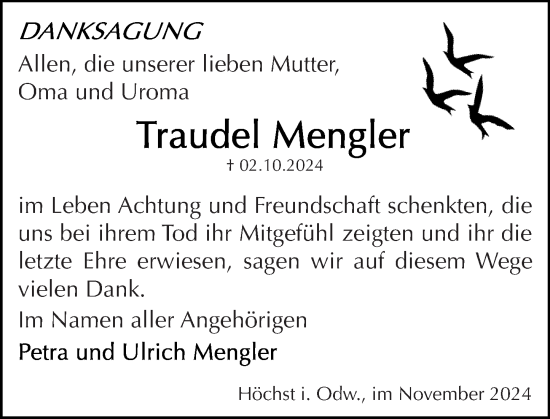 Traueranzeige von Traudel Mengler von Odenwälder Echo