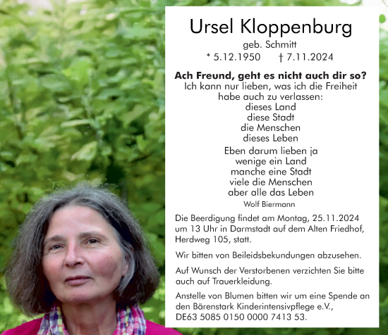 Traueranzeige von Ursel Kloppenburg von Darmstädter Echo