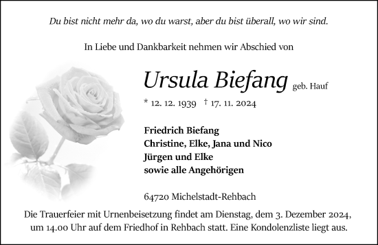 Traueranzeige von Ursula Biefang von Odenwälder Echo