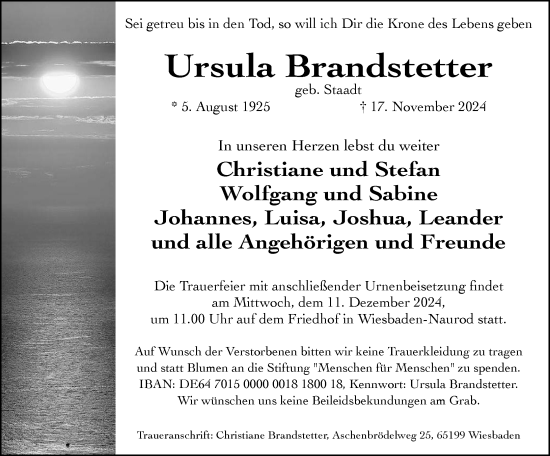 Traueranzeige von Ursula Brandstetter von Wiesbadener Kurier