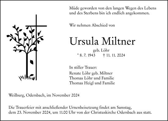 Traueranzeige von Ursula Miltner von Weilburger Tageblatt